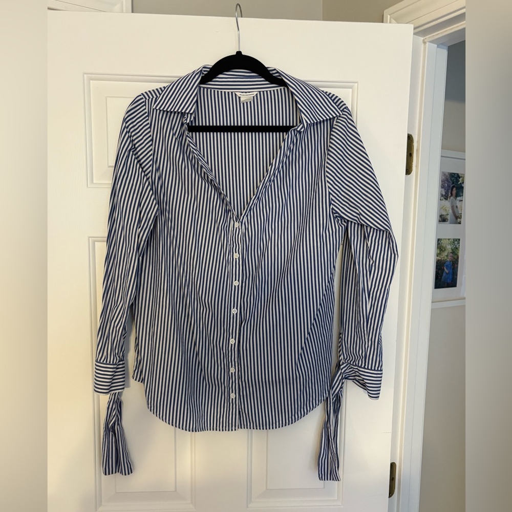 Club Monaco Navy and White Striped Button-Down Shirt
